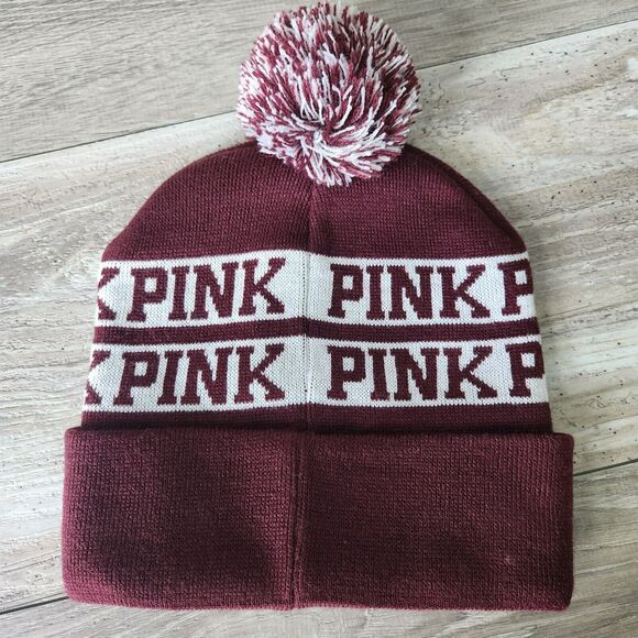Victorias Secret PINK Maroon Knit Beanie Pom Pom Hat Cap - Picture 3 of 7